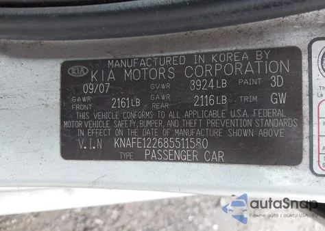 2008 Kia Spectra Ex from USA, damaged, VIN KNAFE122685511580